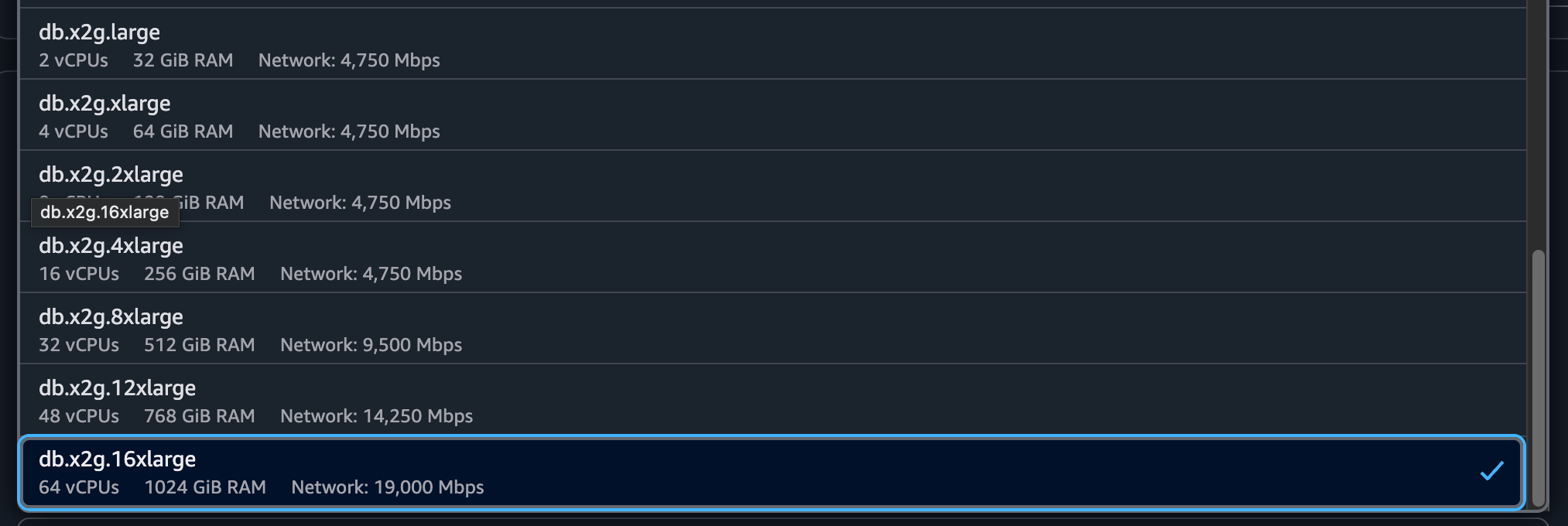 A list of instance types, ending with the db.x2g.16xlarge instance type